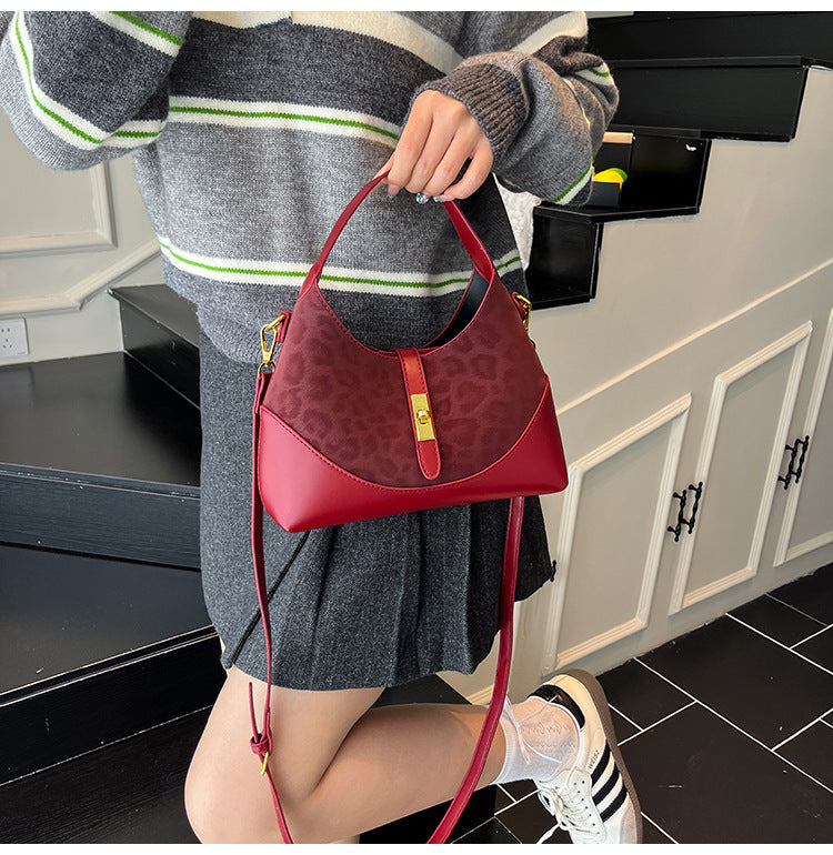 Women's Suede Contrast Shoulder Bag Spliced Bucket with Gold Lock A35
