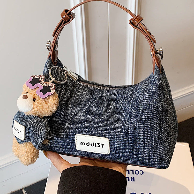 Women's Denim Shoulder Bag with Bear Charm Compact Crossbody A23