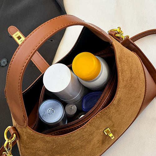 Women's Suede Contrast Shoulder Bag Spliced Bucket with Gold Lock A35