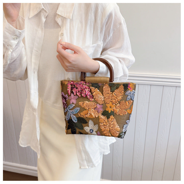 Bamboo Handle Sequin Floral Tote Bag for Women | Fabric Top Handle A46