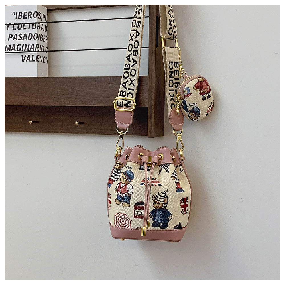 Cartoon Bear Canvas Bucket Bag | Cute Crossbody Bag for Women A52