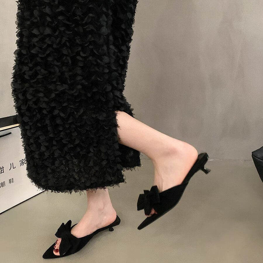 Bow Pointed-Toe Chunky Heel Sandals | Korean Style Summer Heels for Women A74