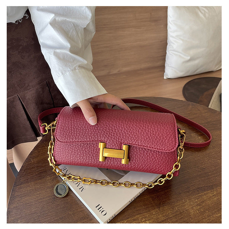 Women's Chain Shoulder Bag | Retro PU Baguette with H-Buckle A18