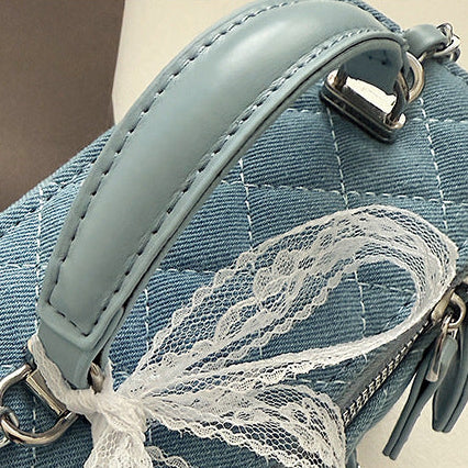 Quilted Denim Box Bag | Chanel-Style Chain Crossbody Handbag A63