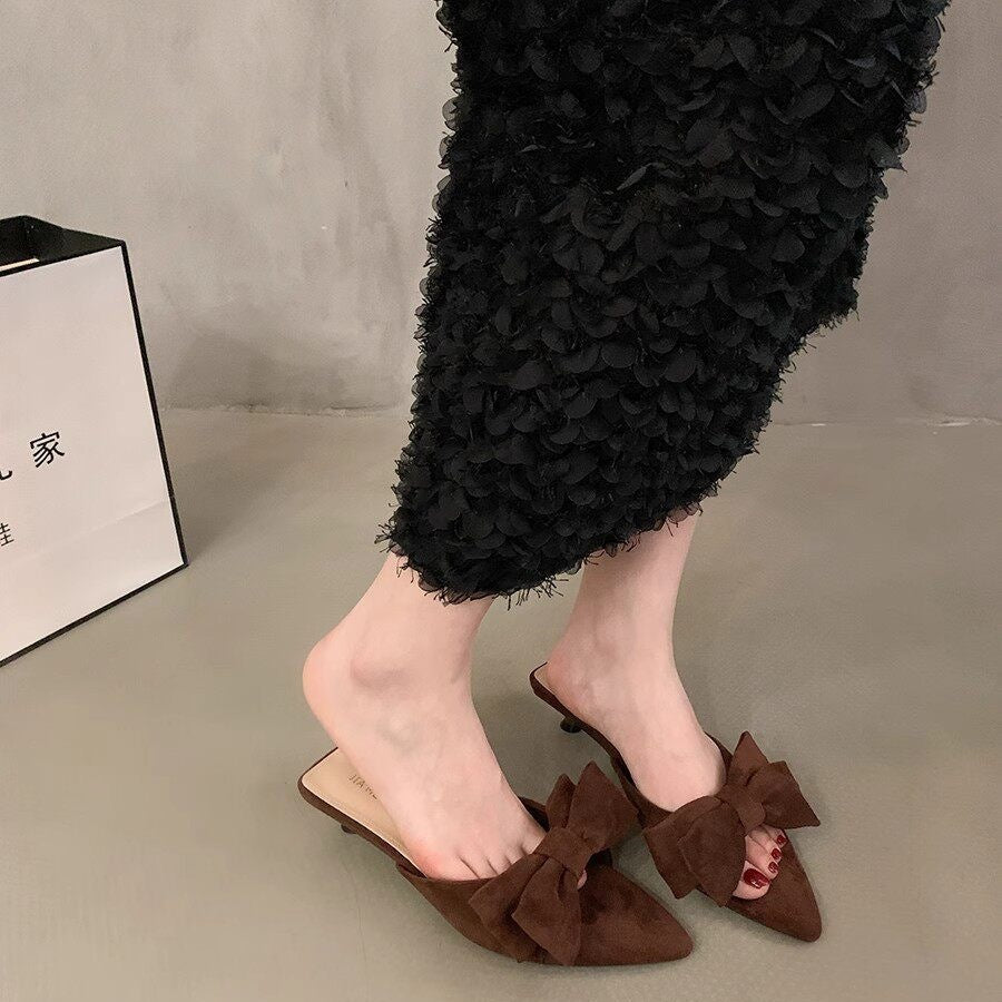 Bow Pointed-Toe Chunky Heel Sandals | Korean Style Summer Heels for Women A74