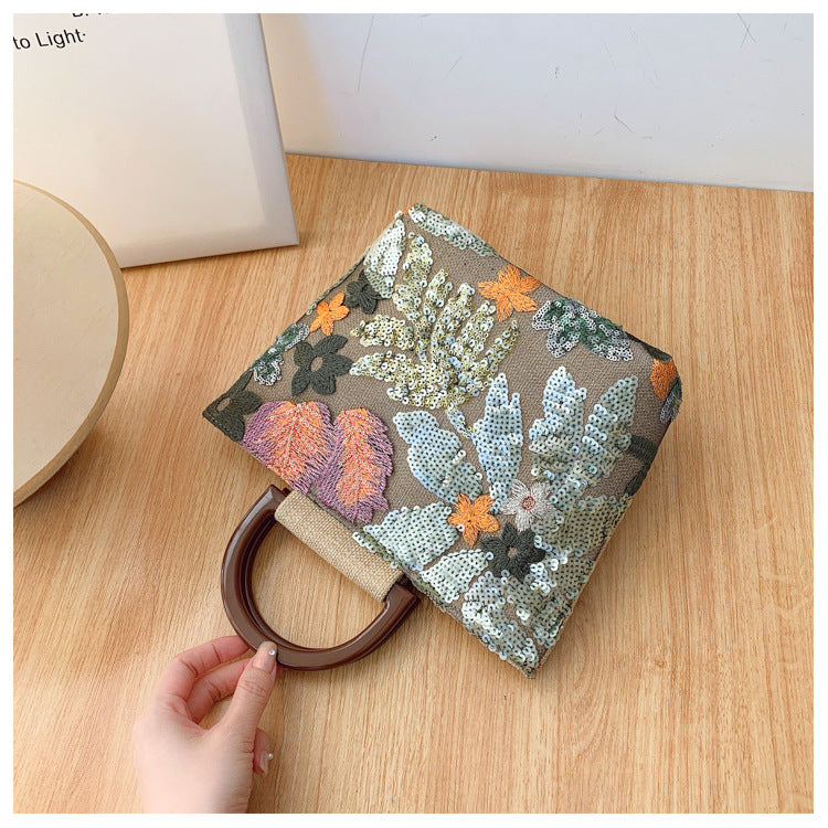 Bamboo Handle Sequin Floral Tote Bag for Women | Fabric Top Handle A46