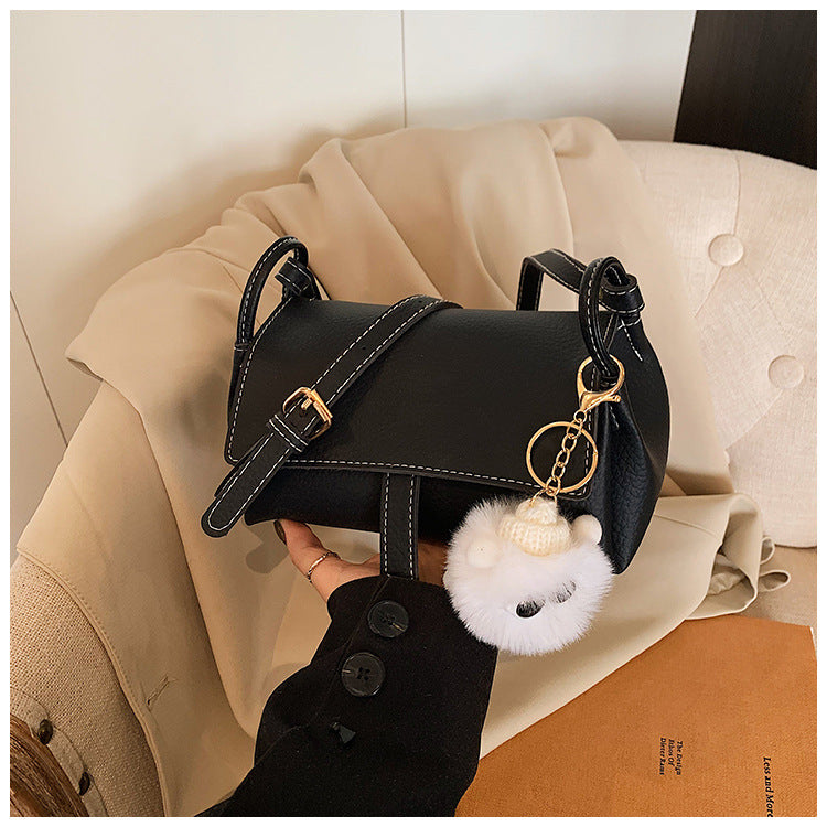 Korean Style PU Crossbody Bag | Small Shoulder Bag with Fur Pendant A60