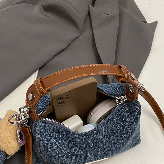 Women's Denim Shoulder Bag with Bear Charm Compact Crossbody A23