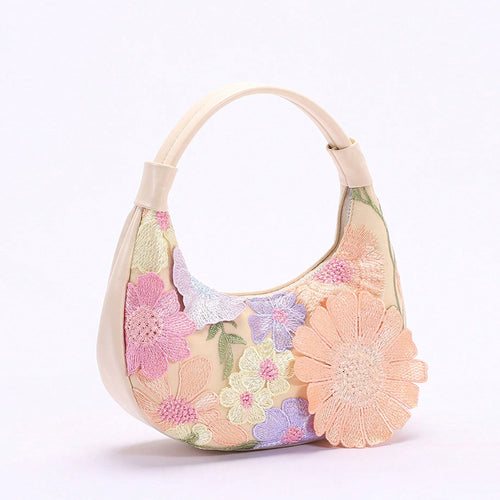 3D Floral Embroidery Hobo Bag for Women | Mesh Jacquard PU Leather A42