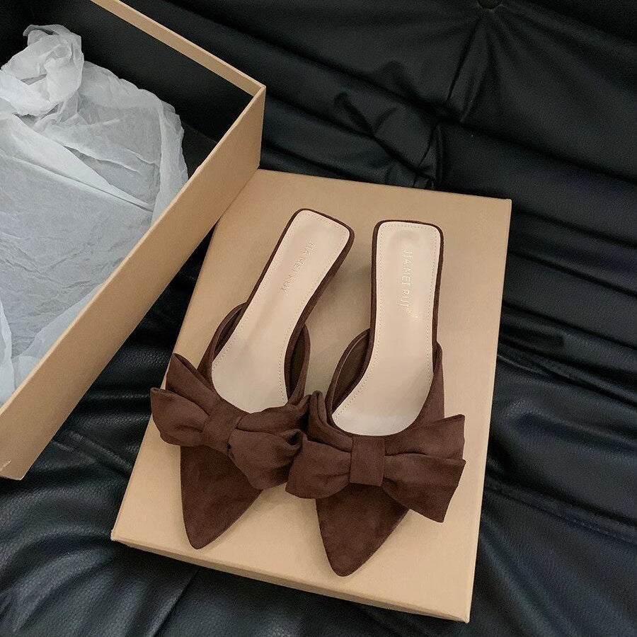 Bow Pointed-Toe Chunky Heel Sandals | Korean Style Summer Heels for Women A74