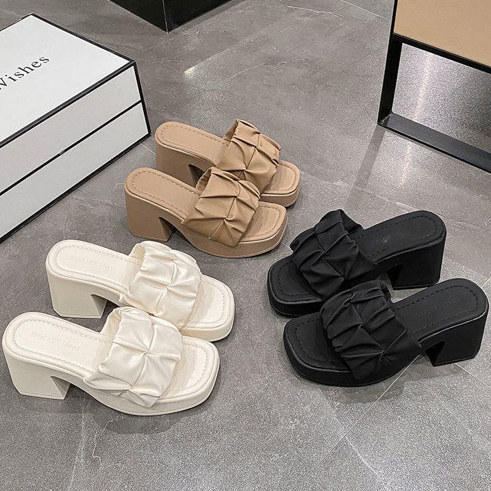 Thick-Heeled Sandal Mules | Korean Style PU High-Heel Flip-Flop Shoes A72