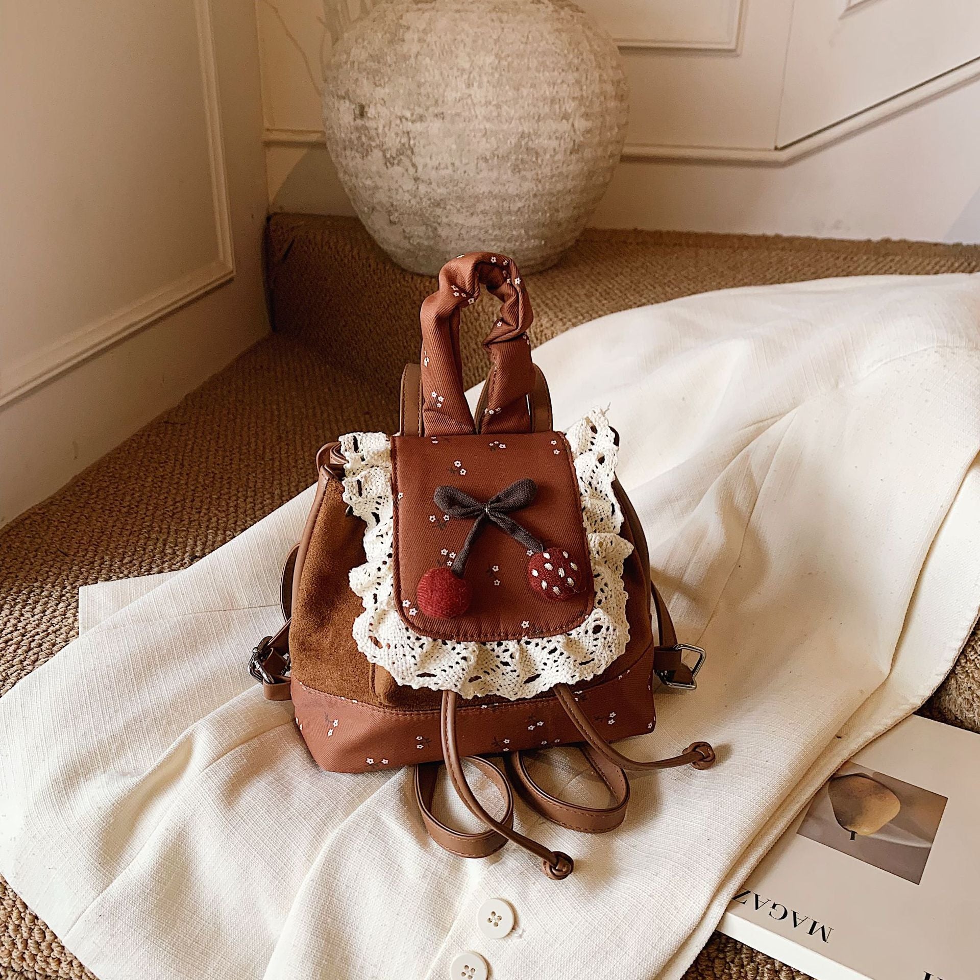 Cute Mini Backpack for Girls | Lace Suede Cherry Detail Bag A22