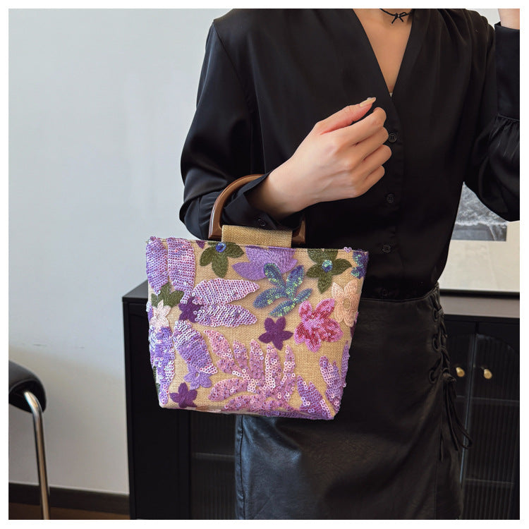 Bamboo Handle Sequin Floral Tote Bag for Women | Fabric Top Handle A46