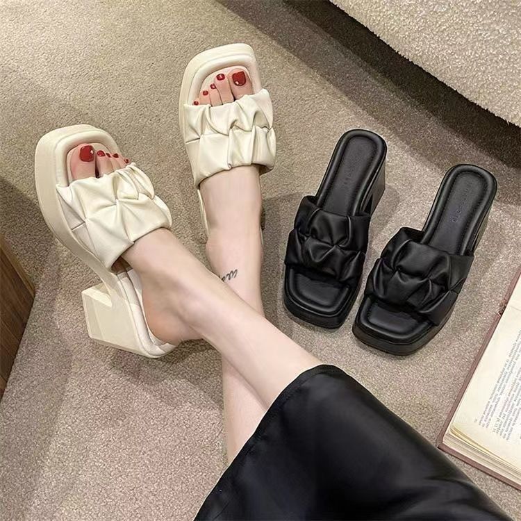 Thick-Heeled Sandal Mules | Korean Style PU High-Heel Flip-Flop Shoes A72