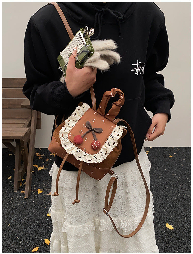 Cute Mini Backpack for Girls | Lace Suede Cherry Detail Bag A22