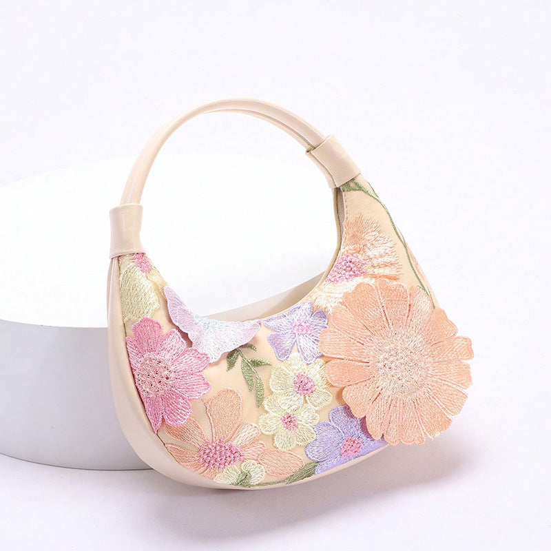 3D Floral Embroidery Hobo Bag for Women | Mesh Jacquard PU Leather A42