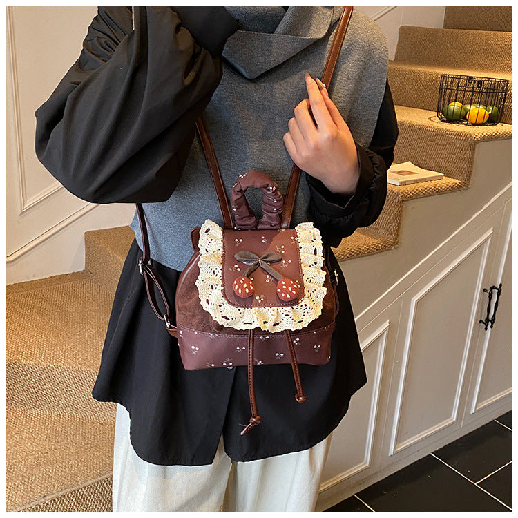 Cute Mini Backpack for Girls | Lace Suede Cherry Detail Bag A22