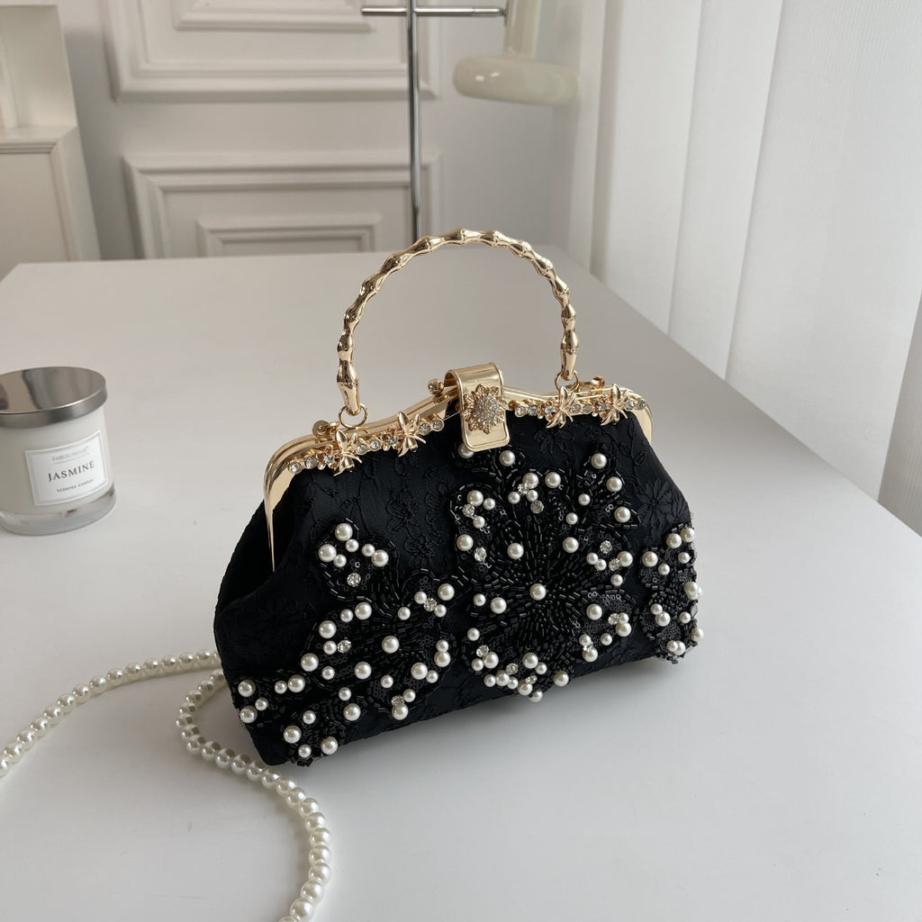 Pearl Embroidered Clutch Bag | Beaded Chain Shoulder Handbag A56