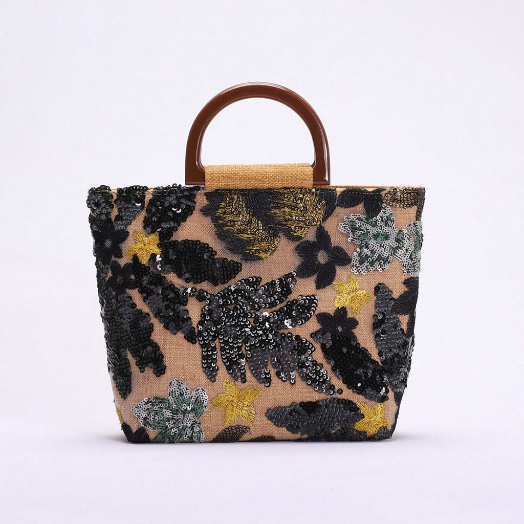 Bamboo Handle Sequin Floral Tote Bag for Women | Fabric Top Handle A46