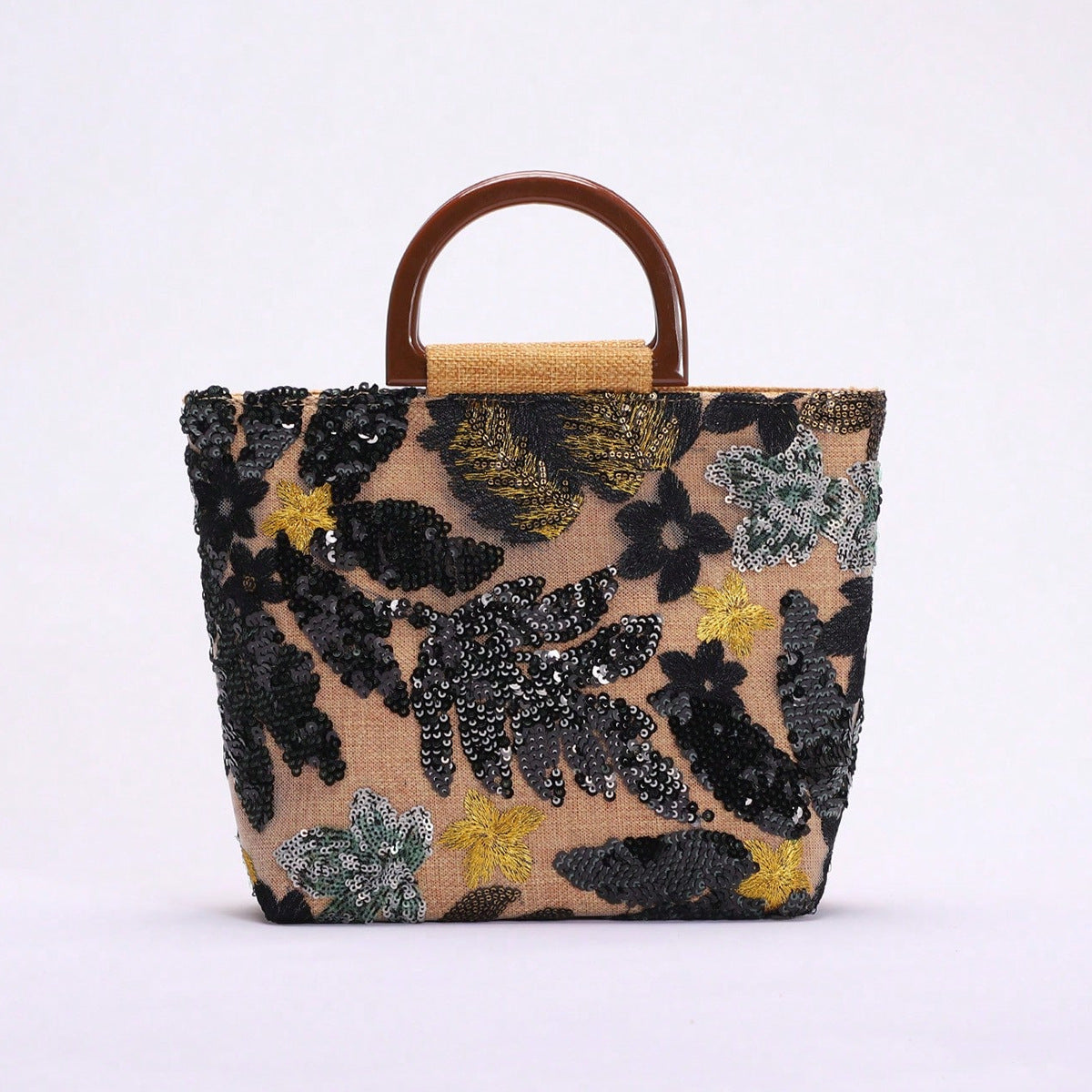 Bamboo Handle Sequin Floral Tote Bag for Women | Fabric Top Handle A46