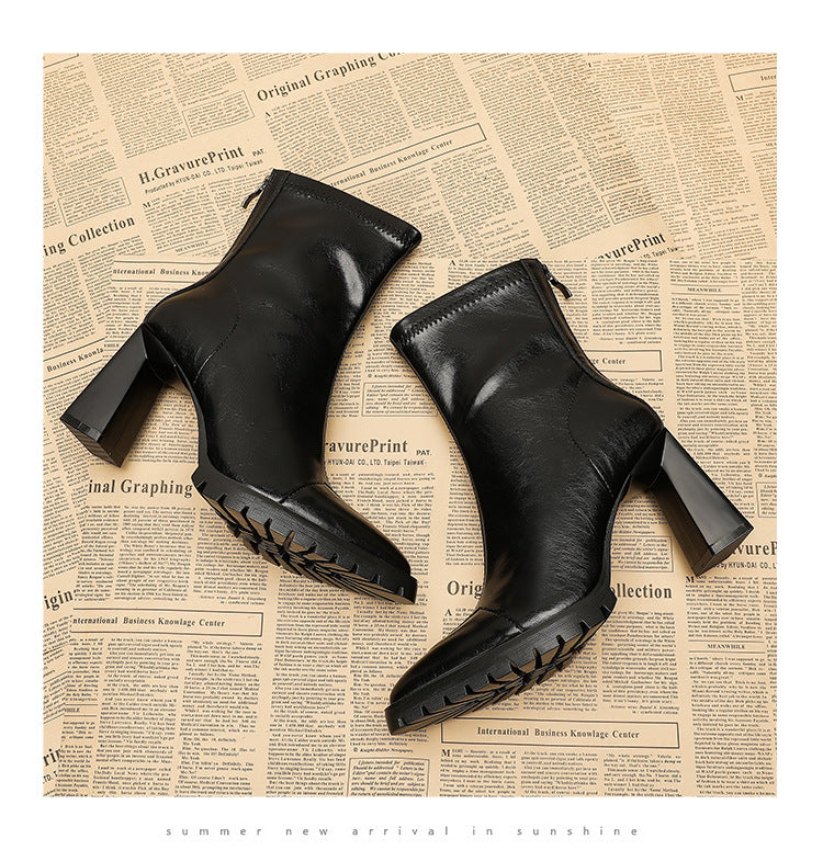 Pointed-Toe Thick Heel Martin Boots | Korean High-Heel Knight Boots for Women A75