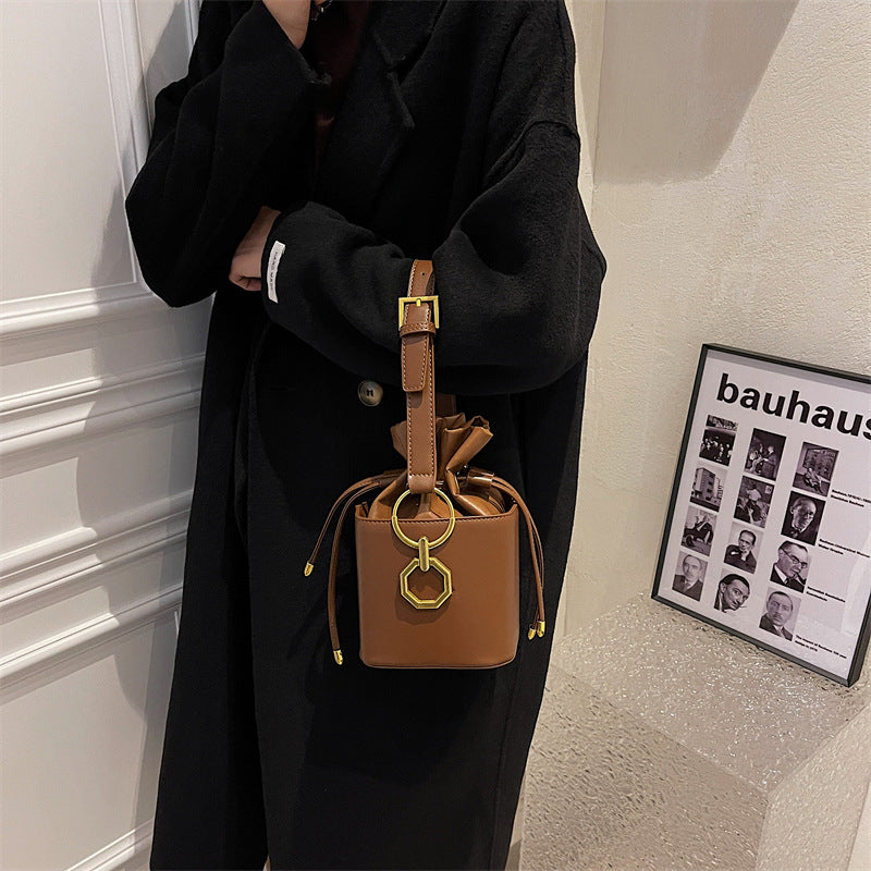 Niche PU Leather Bucket Bag | Drawstring Crossbody Mini Bag A48
