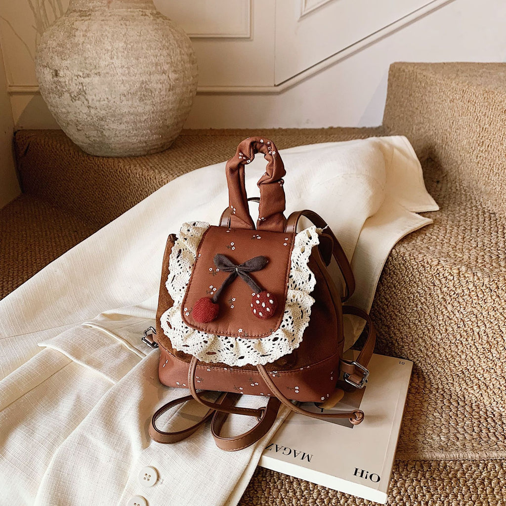 Cute Mini Backpack for Girls | Lace Suede Cherry Detail Bag A22