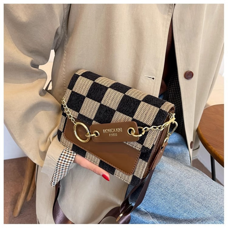 Checkered Woven Crossbody Bag for Women | Gold Chain Lock Clasp A39