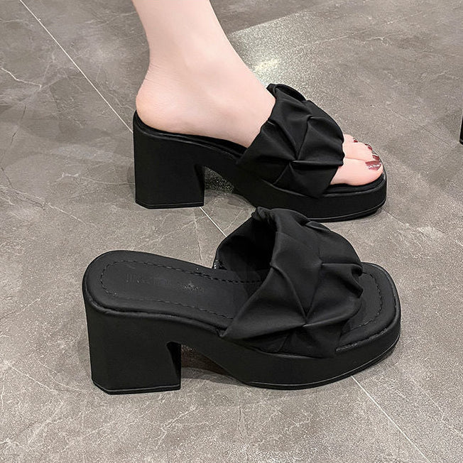 Thick-Heeled Sandal Mules | Korean Style PU High-Heel Flip-Flop Shoes A72