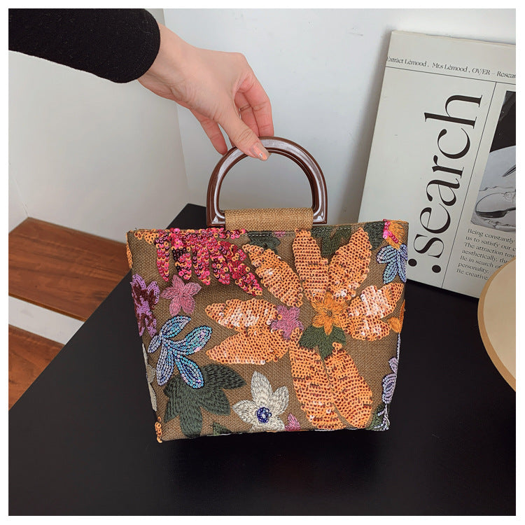 Bamboo Handle Sequin Floral Tote Bag for Women | Fabric Top Handle A46