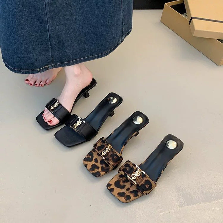 Square Toe Thin Heel Sandals | Retro Open-Toe Slip-On Heels for Women A78