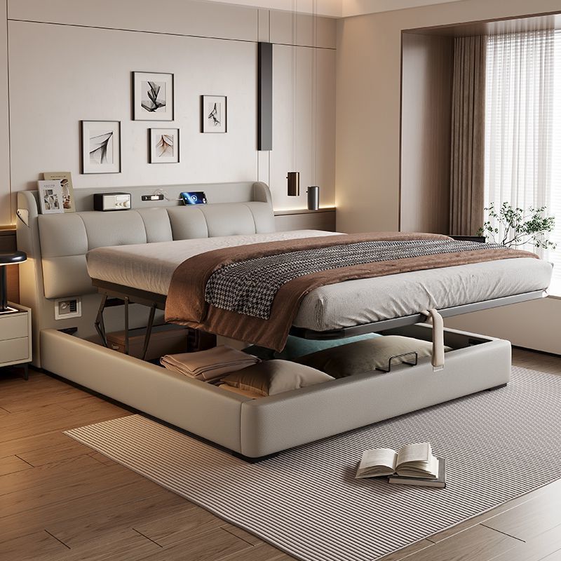 Modern Soft-Upholstered Leather Bed Italian Style High Box Storage Bed A105