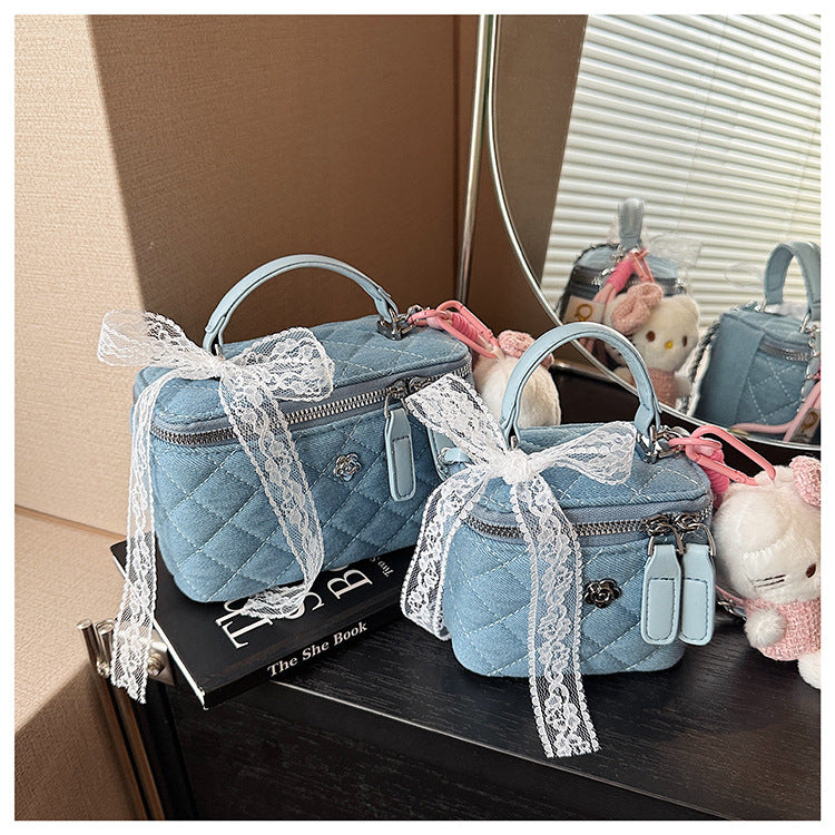 Quilted Denim Box Bag | Chanel-Style Chain Crossbody Handbag A63