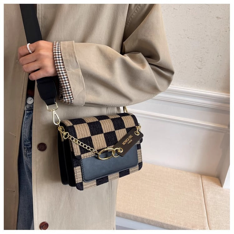 Checkered Woven Crossbody Bag for Women | Gold Chain Lock Clasp A39