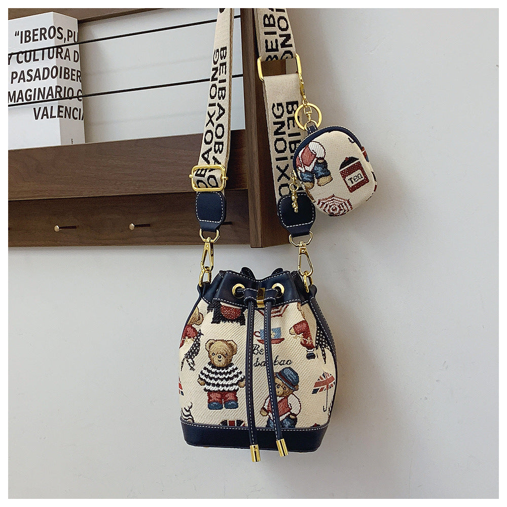Cartoon Bear Canvas Bucket Bag | Cute Crossbody Bag for Women A52