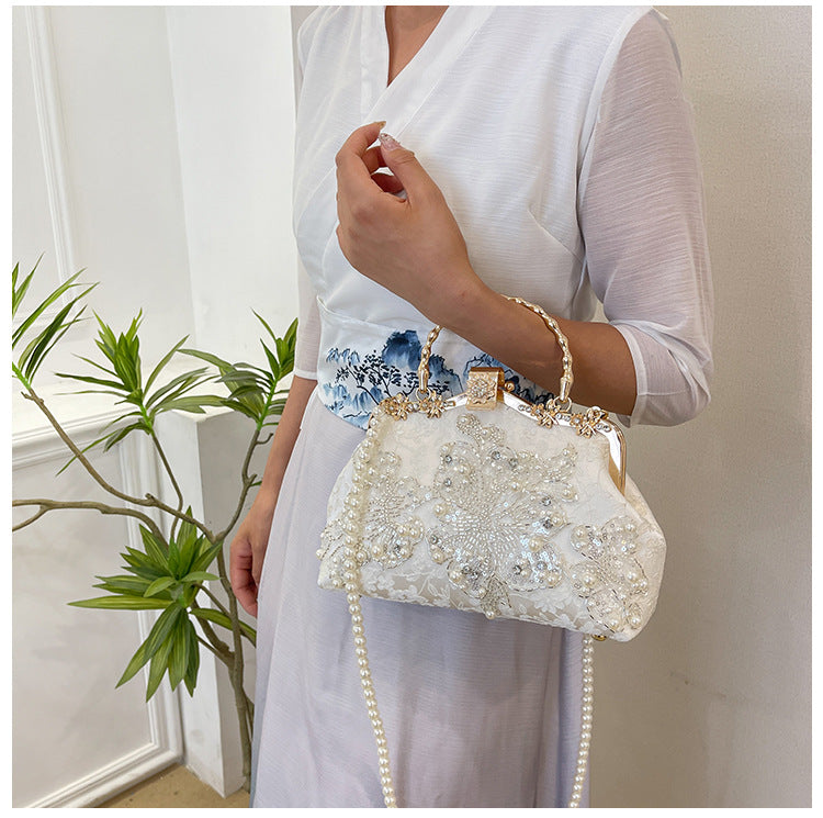 Pearl Embroidered Clutch Bag | Beaded Chain Shoulder Handbag A56