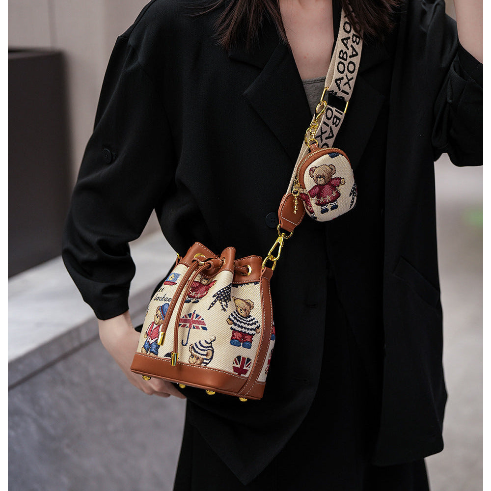 Cartoon Bear Canvas Bucket Bag | Cute Crossbody Bag for Women A52