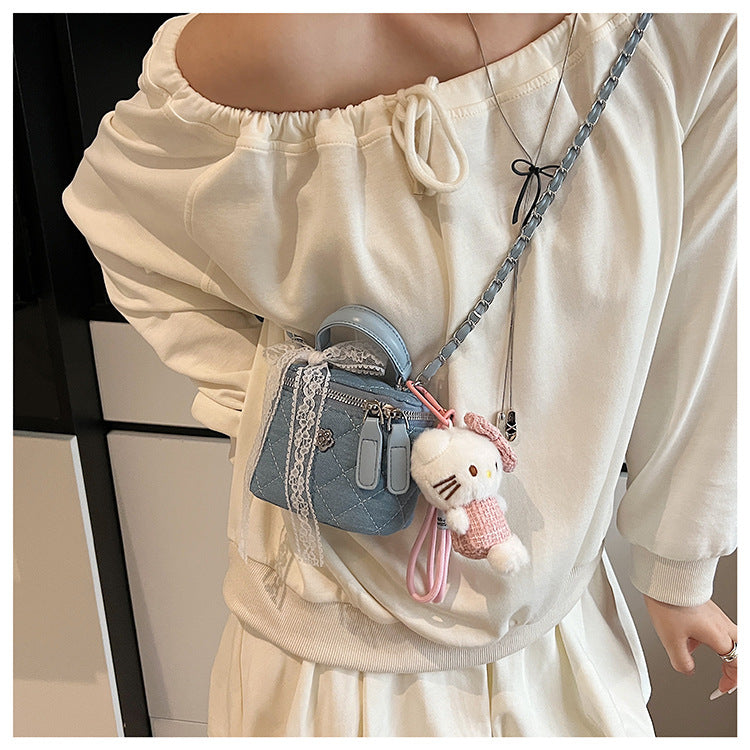 Quilted Denim Box Bag | Chanel-Style Chain Crossbody Handbag A63