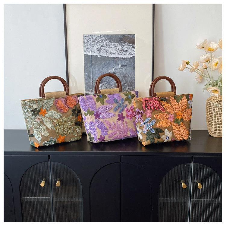 Bamboo Handle Sequin Floral Tote Bag for Women | Fabric Top Handle A46