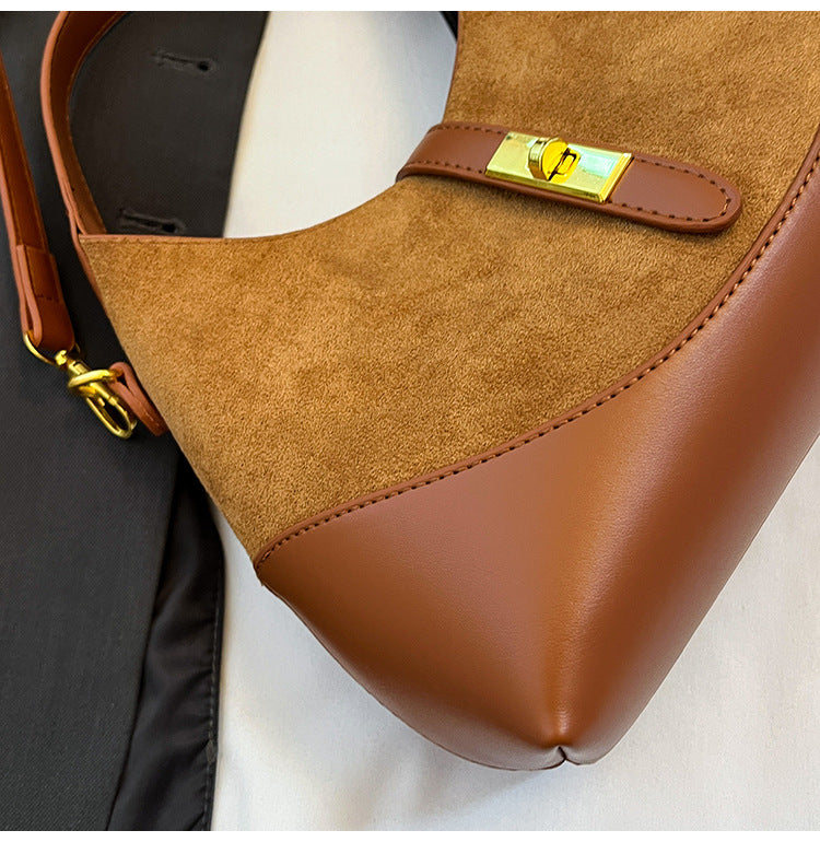 Women's Suede Contrast Shoulder Bag Spliced Bucket with Gold Lock A35