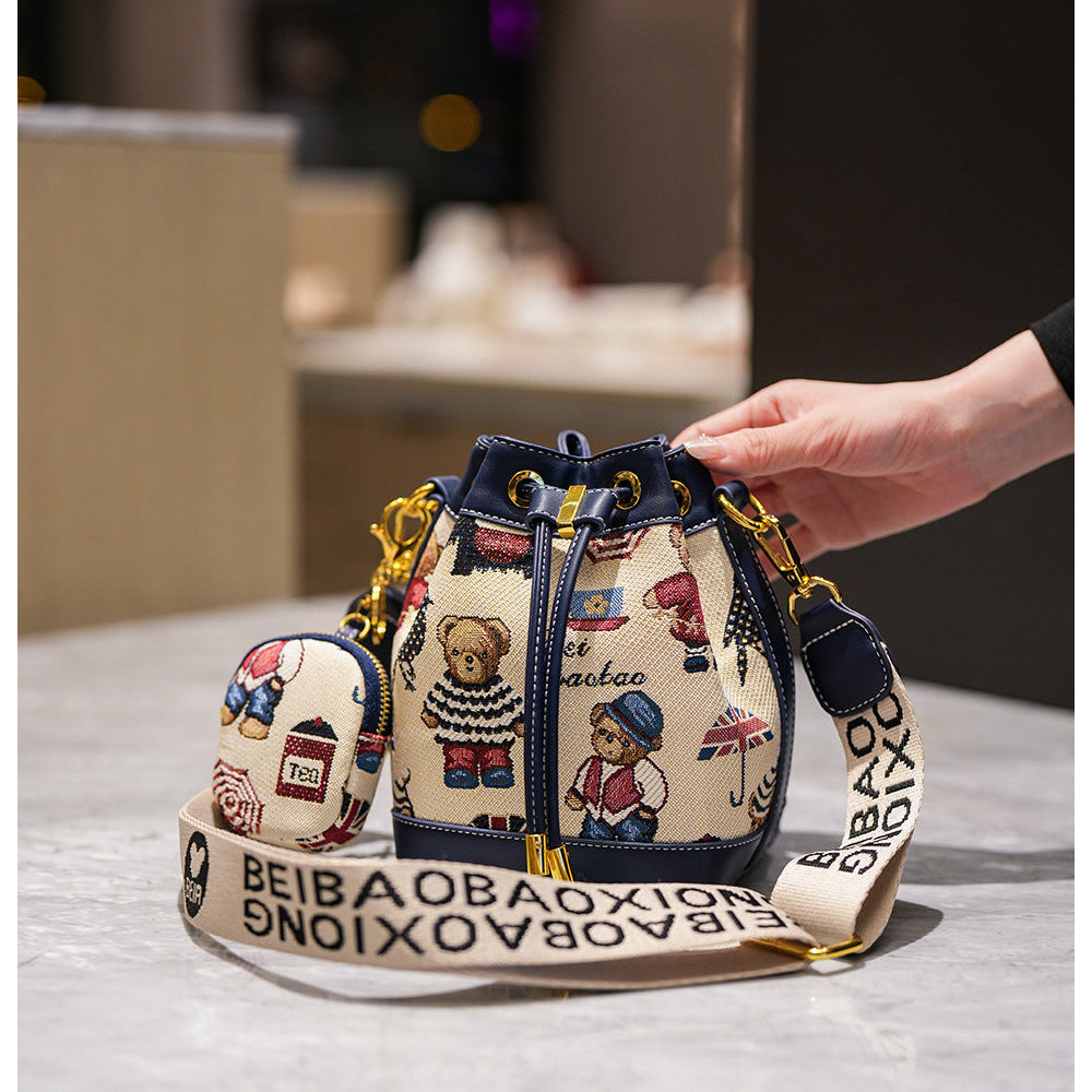 Cartoon Bear Canvas Bucket Bag | Cute Crossbody Bag for Women A52