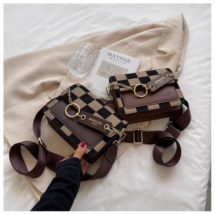 Checkered Woven Crossbody Bag for Women | Gold Chain Lock Clasp A39