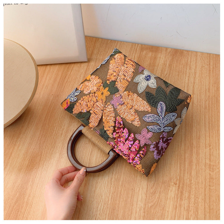 Bamboo Handle Sequin Floral Tote Bag for Women | Fabric Top Handle A46