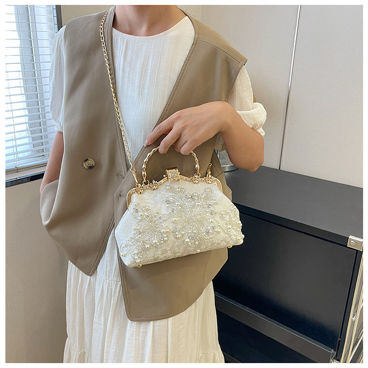 Pearl Embroidered Clutch Bag | Beaded Chain Shoulder Handbag A56