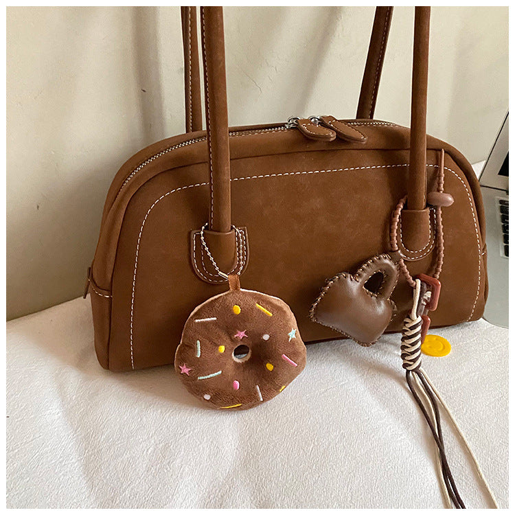 Women's Suede Shoulder Bag Retro Pillow Shape with Charm A24