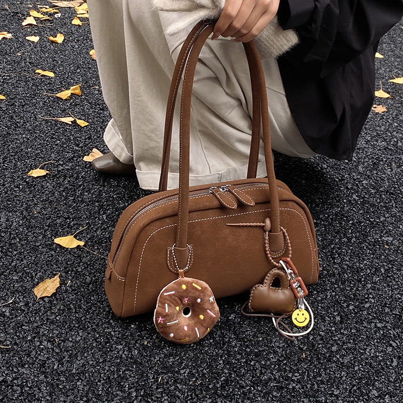 Women's Suede Shoulder Bag Retro Pillow Shape with Charm A24