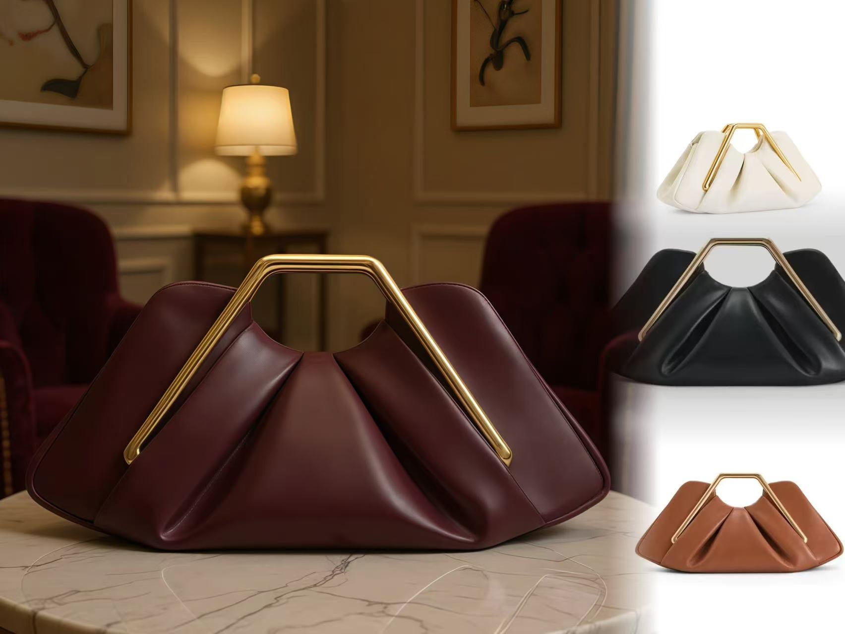 Women's Cloud Clutch Bag Soft Wrinkle PU with Gold Frame Handle A34