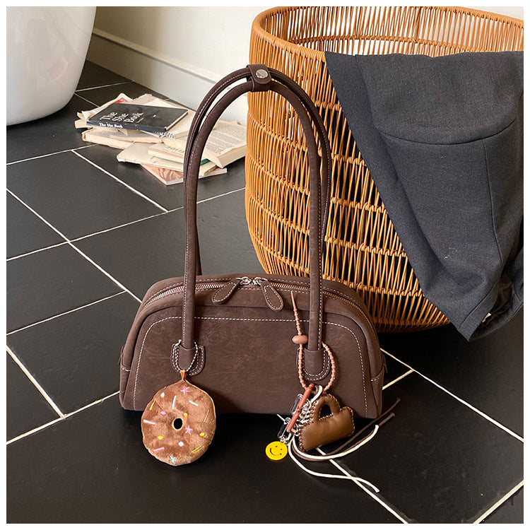 Women's Suede Shoulder Bag Retro Pillow Shape with Charm A24