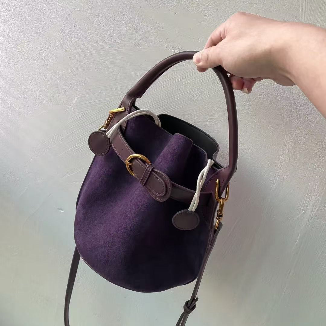 Women's Bucket Bag | Suede PU Crossbody with Belt Buckle Detail A17