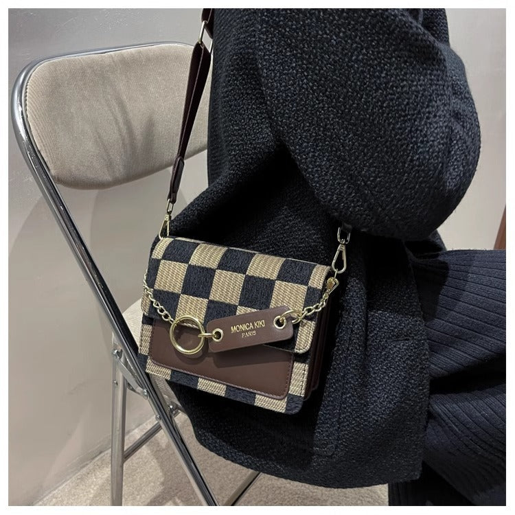 Checkered Woven Crossbody Bag for Women | Gold Chain Lock Clasp A39